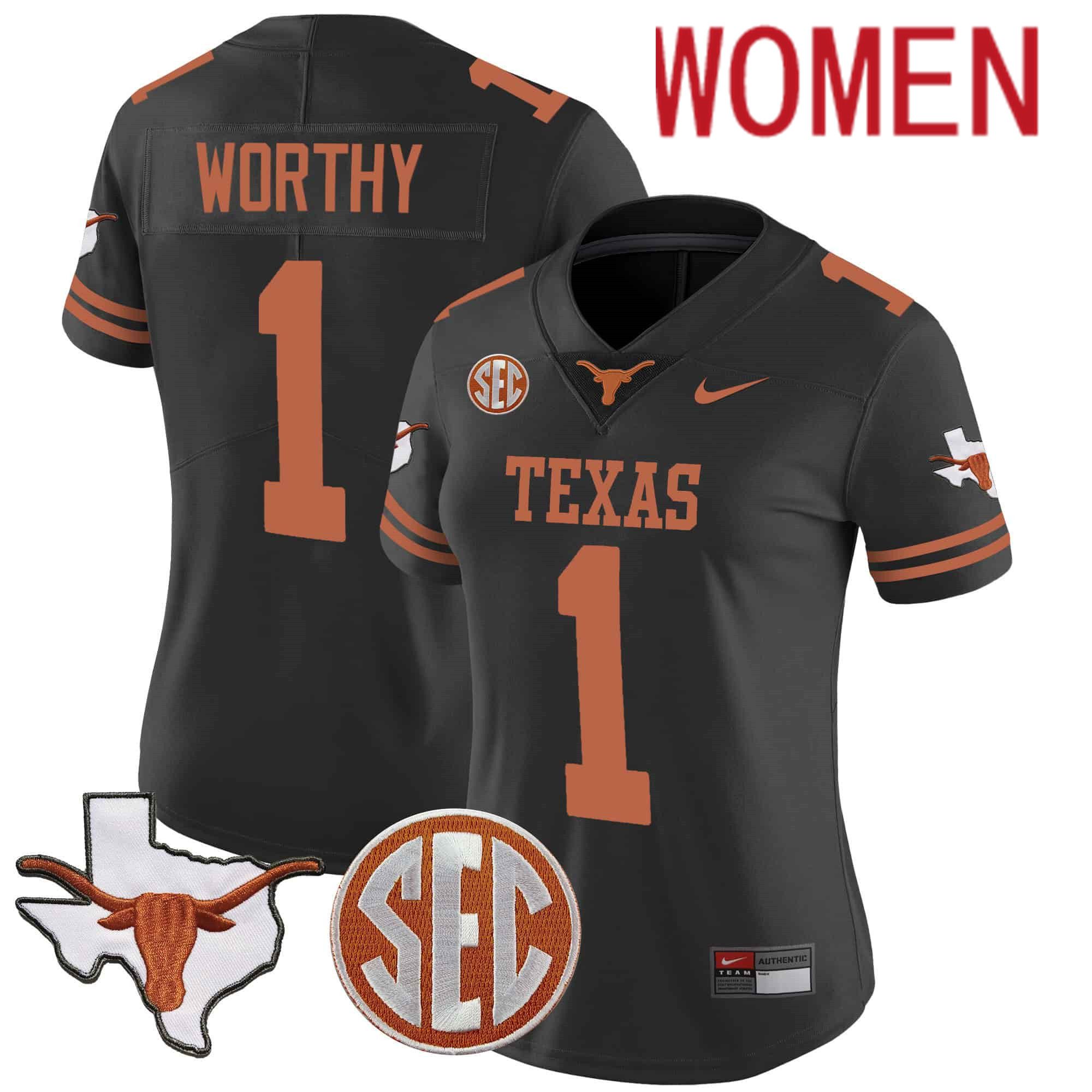 Women Texas Longhorns 1 Worthy Black 2024 Nike State Map & SEC Patch Vapor NCAA Jersey style 1